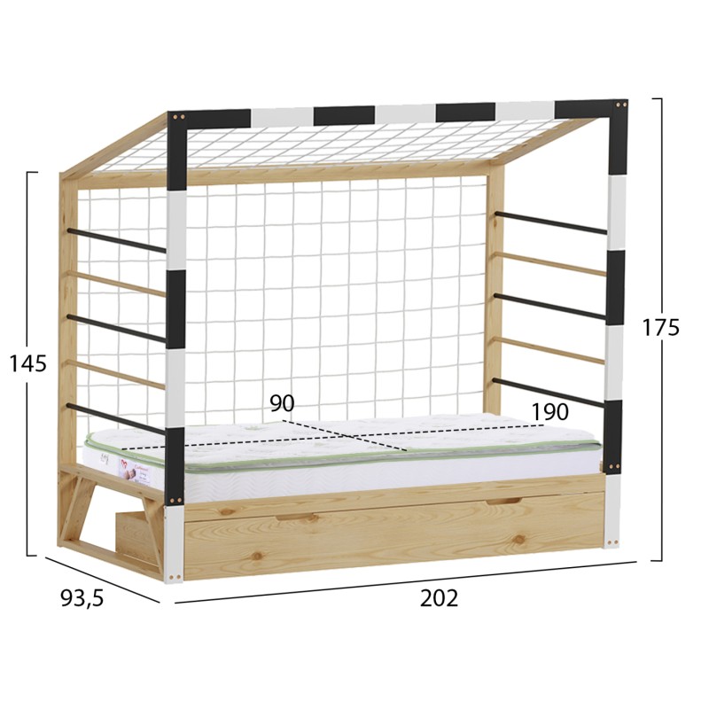 BED WITH MATTRESS GOALIE FK21309 PINE WOOD IN NATURAL-WHITE-BLACK--MATTRESS 90x190cm BED WITH MATTRESS GOALIE FK21309 PINE WOOD IN NATURAL-WHITE-BLACK--MATTRESS 90x190cm
