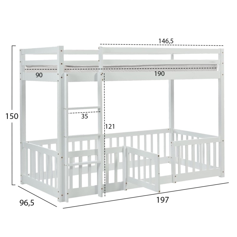 BUNK BED WITH PLAYPARK PLAYKID FK21312.01 PINE WOOD IN WHITE--WITH MATTRESS 90x190cm BUNK BED WITH PLAYPARK PLAYKID FK21312.01 PINE WOOD IN WHITE--WITH MATTRESS 90x190cm