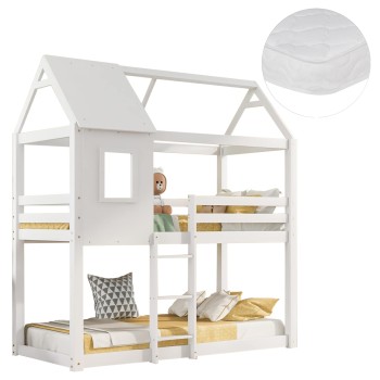 BUNK BED WITH 2 MATTRESSES HOOD FK21314.01 PINE WOOD IN WHITE--FOR MATTRESSES 90x190cm