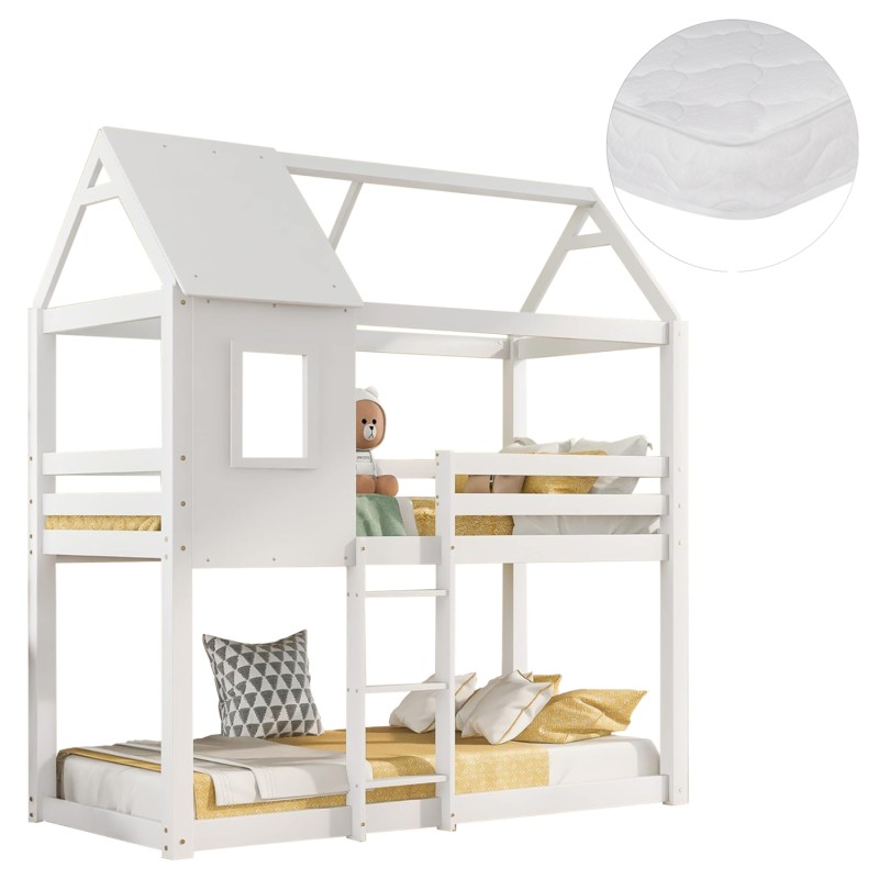 BUNK BED WITH 2 MATTRESSES HOOD FK21314.01 PINE WOOD IN WHITE--FOR MATTRESSES 90x190cm BUNK BED WITH 2 MATTRESSES HOOD FK21314.01 PINE WOOD IN WHITE--FOR MATTRESSES 90x190cm