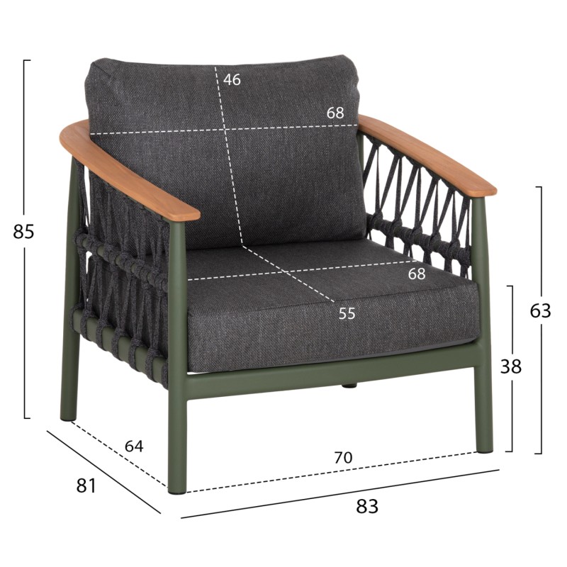 OUTDOOR LOUNGE SET 5PCS STREAM FK6426.07 ALUMINUM IN GREEN-DARK GREY STRAP ROPE & OLEFIN FABRIC OUTDOOR LOUNGE SET 5PCS STREAM FK6426.07 ALUMINUM IN GREEN-DARK GREY STRAP ROPE & OLEFIN FABRIC