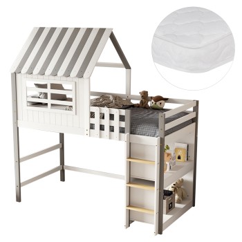 BUNK BED WITH SIDE SHELVES HOMI FK21321 PINE WOOD IN WHITE--FOR MATTRESS 90x190cm.