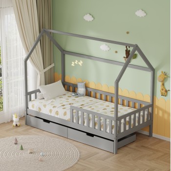 BED WITH DRAWERS PHYLLIS FK21324.02 PINE WOOD IN GREY--WITH MATTRESS 90x190cm