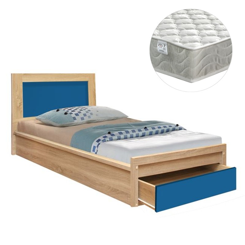 KIDS' BED WITH DRAWER PLAYROOM FK21326 MELAMINE IN SONAMA/BLUE--WITH MATTRESS 90x190cm KIDS' BED WITH DRAWER PLAYROOM FK21326 MELAMINE IN SONAMA/BLUE--WITH MATTRESS 90x190cm