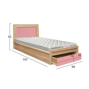 KIDS' BED WITH DRAWER PLAYROOM FK21326.01 MELAMINE IN SONAMA/PINK--WITH MATTRESS 90x190cm
