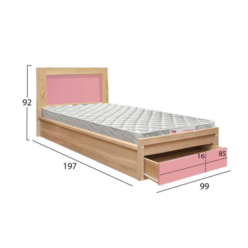 KIDS' BED WITH DRAWER PLAYROOM FK21326.01 MELAMINE IN SONAMA/PINK--WITH MATTRESS 90x190cm