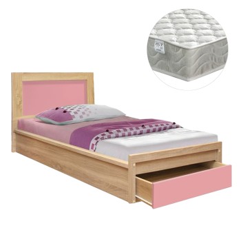 KIDS' BED WITH DRAWER PLAYROOM FK21326.01 MELAMINE IN SONAMA/PINK--WITH MATTRESS 90x190cm