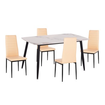 DINING SET 5PCS RAVEN FK21266.02 CERAMIC TOP CALACATTA MARBLE LOOK--PU IN CREAM WHITE
