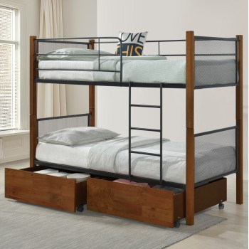 BUNK BED WITH FLOOR DRAWERS & MATTRESSES RAYVEN FK21336 WOOD IN WALNUT-METAL--FOR 90X190cm. BUNK BED WITH FLOOR DRAWERS & MATTRESSES RAYVEN FK21336 WOOD IN WALNUT-METAL--FOR 90X190cm.