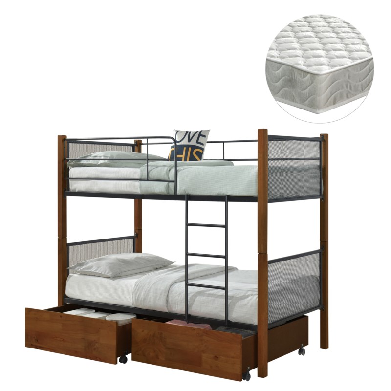 BUNK BED WITH FLOOR DRAWERS & MATTRESSES RAYVEN FK21336 WOOD IN WALNUT-METAL--FOR 90X190cm.