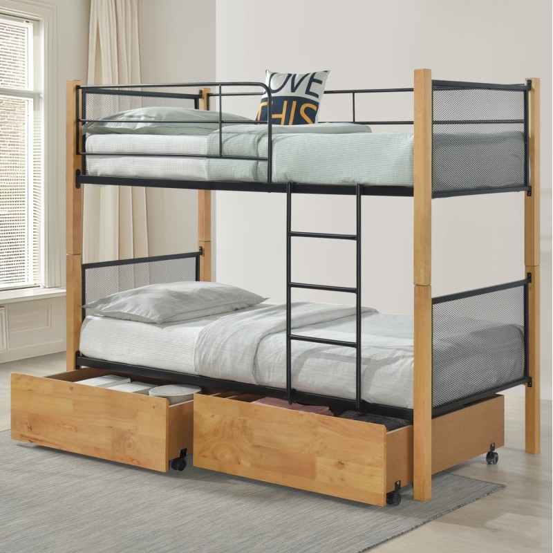 BUNK BED WITH FLOOR DRAWERS RAYVEN FK21119.02 WOOD IN BEECH COLOR-METAL--FOR MATTRESS 90x190cm. BUNK BED WITH FLOOR DRAWERS RAYVEN FK21119.02 WOOD IN BEECH COLOR-METAL--FOR MATTRESS 90x190cm.