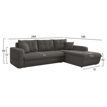 CORNER SOFABED RIGHT KANSO FK3338.01R GREY FABRIC 244x188x80Hcm.