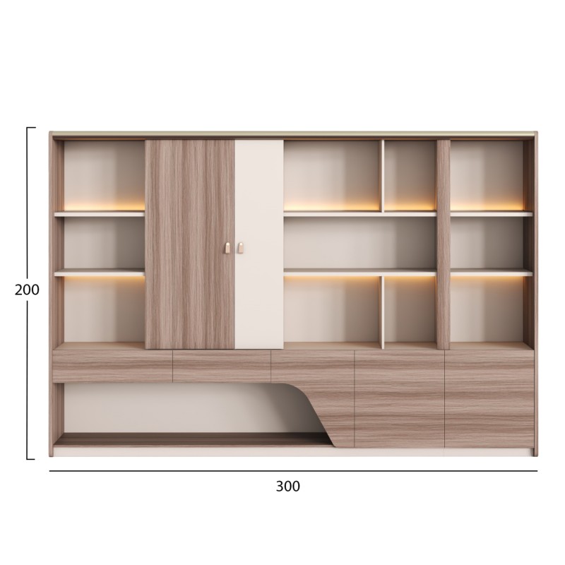 BOOKCASE SUPERON FK2141 MELAMINE IN BEIGE & NATURAL WOOD--LED LIGHTING 300x40x200Hcm. BOOKCASE SUPERON FK2141 MELAMINE IN BEIGE & NATURAL WOOD--LED LIGHTING 300x40x200Hcm.