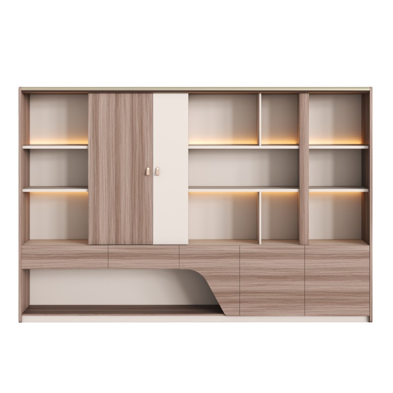 BOOKCASE SUPERON FK2141 MELAMINE IN BEIGE & NATURAL WOOD--LED LIGHTING 300x40x200Hcm. BOOKCASE SUPERON FK2141 MELAMINE IN BEIGE & NATURAL WOOD--LED LIGHTING 300x40x200Hcm.