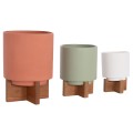 SET 3 POTS/VASES WITH TEAK BASES TANTI FK4685 FIBER CEMENT IN 3 COLORS SET 3 POTS/VASES WITH TEAK BASES TANTI FK4685 FIBER CEMENT IN 3 COLORS