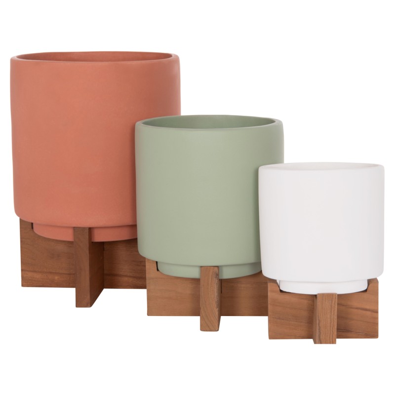SET 3 POTS/VASES WITH TEAK BASES TANTI FK4685 FIBER CEMENT IN 3 COLORS SET 3 POTS/VASES WITH TEAK BASES TANTI FK4685 FIBER CEMENT IN 3 COLORS
