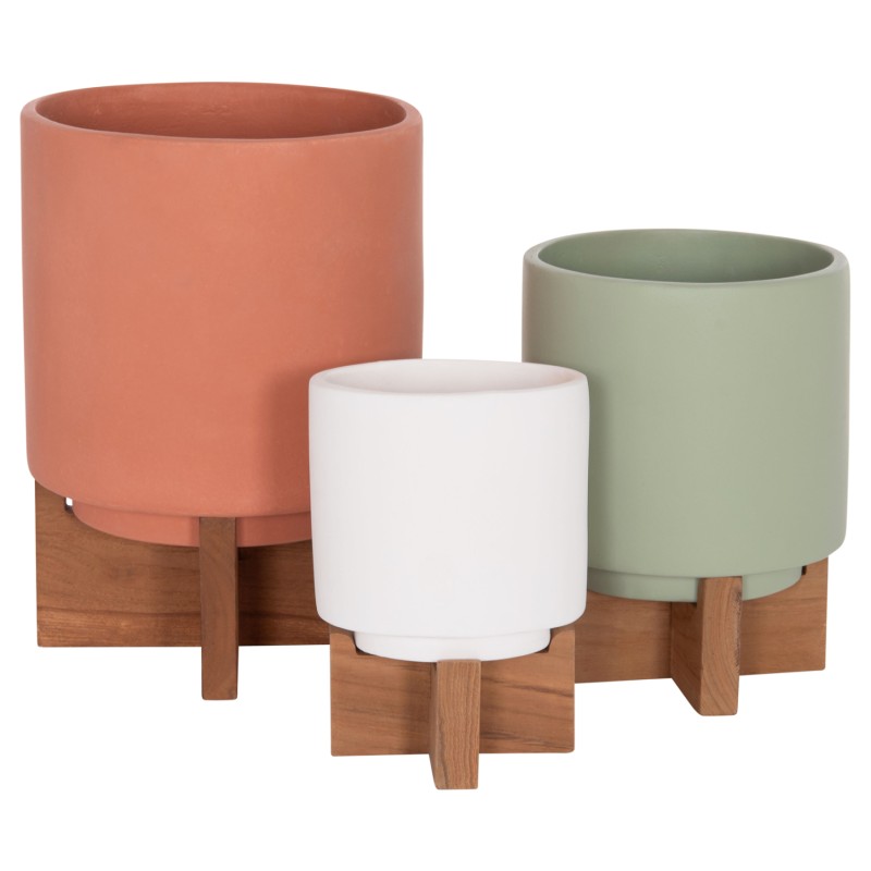SET 3 POTS/VASES WITH TEAK BASES TANTI FK4685 FIBER CEMENT IN 3 COLORS SET 3 POTS/VASES WITH TEAK BASES TANTI FK4685 FIBER CEMENT IN 3 COLORS