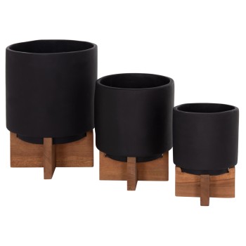 SET 3 POTS/VASES WITH TEAK BASES TANTI FK4685.01 FIBER CEMENT IN BLACK