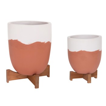 PLANTERS (POTS) 2PCS SET SEON FK4686.08 TERRACOTTA IN WHITE & TERRACOTTA--TEAK STANDS