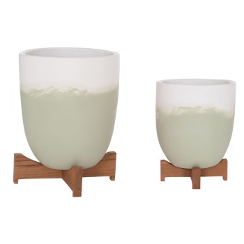 PLANTERS (POTS) 2PCS SET SEON FK4686.09 TERRACOTTA IN WHITE & GREEN--TEAK STANDS