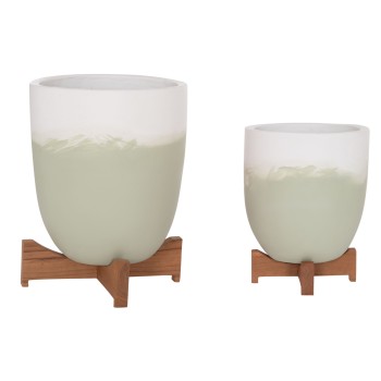 PLANTERS (POTS) 2PCS SET SEON FK4686.09 TERRACOTTA IN WHITE & GREEN--TEAK STANDS