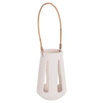 DECORATIVE TABLE LANTERN ERANTYL FK4696.02L WHITE FIBER CEMENT & RATTAN HANDLE Φ17x27Hcm