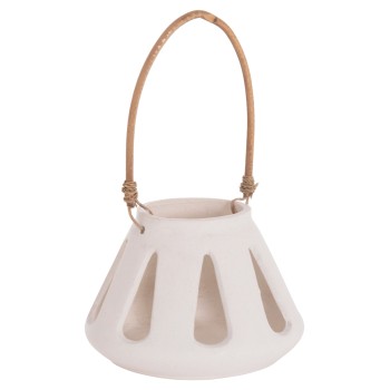 DECORATIVE TABLE LANTERN ERANTYL FK4696.02S WHITE FIBER CEMENT & RATTAN HANDLE Φ25x17Hcm