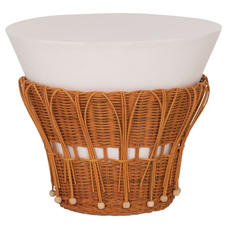 SIDE TABLE ROUND PERRAL FK18164.02S FIBER CEMENT IN WHITE-NATURAL RATTAN--Φ42x36Hcm.