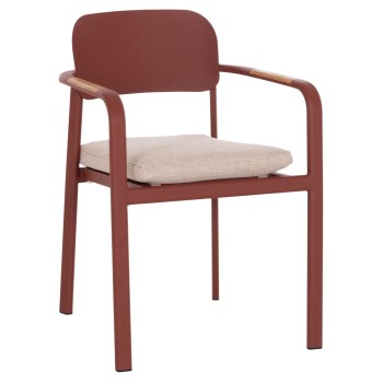 DINING CHAIR ELARA FK6414.07 RED ALUMINUM-BEIGE OLEFIN FABRIC--TEAK WOOD 56x62x78Hcm.