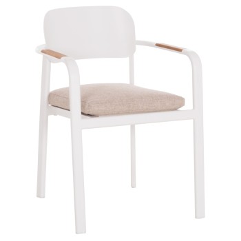 DINING CHAIR ELARA FK6414.02 WHITE ALUMINUM-BEIGE OLEFIN FABRIC--TEAK WOOD 56x62x78Hcm.