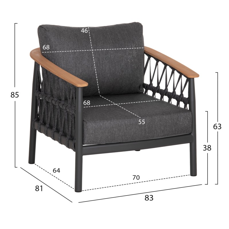 OUTDOOR LOUNGE SET 5PCS STREAM FK6426.01 DARK GREY ALUMINUM-STRAP ROPE- OLEFIN FABRIC