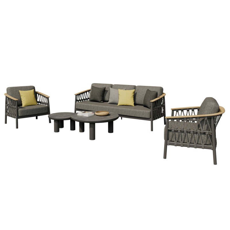 OUTDOOR LOUNGE SET 5PCS STREAM FK6426.01 DARK GREY ALUMINUM-STRAP ROPE- OLEFIN FABRIC