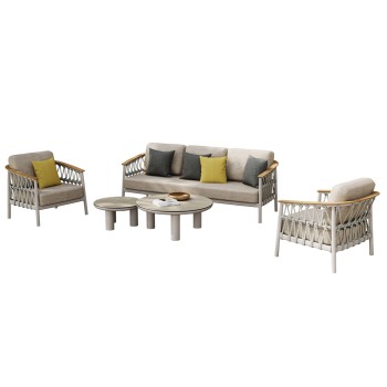 OUTDOOR LOUNGE SET 5PCS STREAM FK6426.02 ALUMINUM IN CREAM WHITE--BEIGE STRAP ROPE & OLEFIN FABRIC