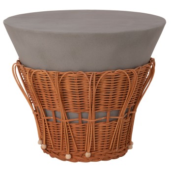 SIDE TABLE ROUND PERRAL FK18164.03S FIBER CEMENT IN GREY--NATURAL RATTAN--Φ42x36Hcm.