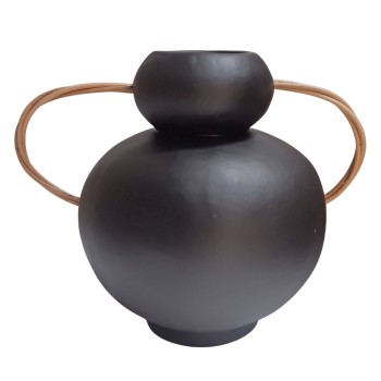 DECORATIVE VASE MIBO FK4688.01S TERRACOTTA IN BLACK--HANDLES NATURAL RATTAN 27x15x20Hcm