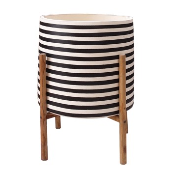 INDOOR POT RENTIL FK4683S FIBER CEMENT IN BLACK/WHITE--TEAK BASE Φ23x60Hcm