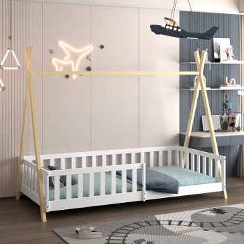 BED FOR KIDS WITH RAILING MUNK FK739.03 t.MONTESSORI-PINE WOOD IN NATURAL-WHITE FOR MATTRESS 190x90cm. BED FOR KIDS WITH RAILING MUNK FK739.03 t.MONTESSORI-PINE WOOD IN NATURAL-WHITE FOR MATTRESS 190x90cm.