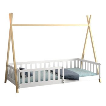 BED FOR KIDS WITH RAILING MUNK FK739.03 t.MONTESSORI-PINE WOOD IN NATURAL-WHITE FOR MATTRESS 190x90cm.