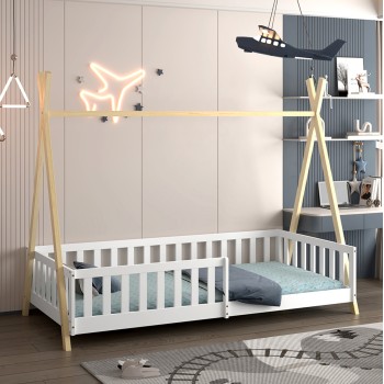 BED WITH RAILINGS MUNK FK21325 PINE WOOD IN NATURAL WOOD/WHITE COLOR--WITH MATTRESS 90x190cm BED WITH RAILINGS MUNK FK21325 PINE WOOD IN NATURAL WOOD/WHITE COLOR--WITH MATTRESS 90x190cm