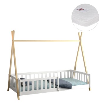 BED WITH RAILINGS MUNK FK21325 PINE WOOD IN NATURAL WOOD/WHITE COLOR--WITH MATTRESS 90x190cm