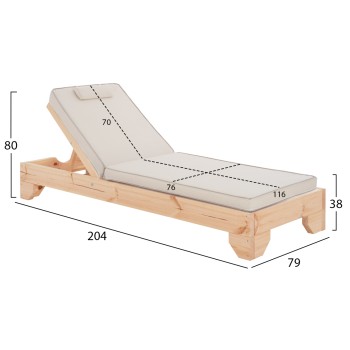 BEACH LOUNGER WITH CUSHION KORINOS FK10777.60T PINE WOOD--TEXTILENE COVER IN CREAM COLOR 79x204x80Hcm.