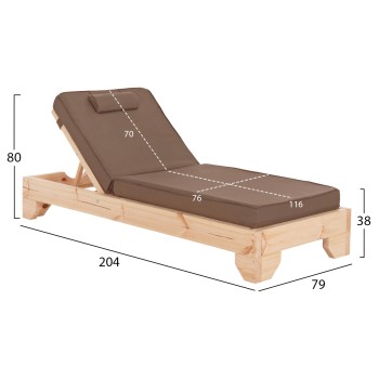 BEACH LOUNGER WITH CUSHION KORINOS FK10777.04T PINE WOOD--TEXTILENE COVER IN MOCHA 79x204x80Hcm.