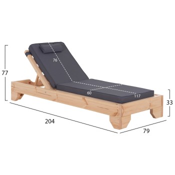BEACH LOUNGER WITH CUSHION KORINOS FK10776.30T PINE WOOD--TEXTILENE COVER IN GREY 79x204x77Hcm