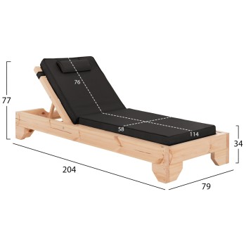 BEACH LOUNGER WITH CUSHION KORINOS FK10776.05T PINE WOOD--TEXTILENE COVER IN BLACK 79x204x77Hcm.