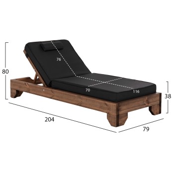 BEACH LOUNGER KORINOS FK10773.05T PINE WOOD IN WALNUT--CUSHION IN BLACK 79x204x80Hcm.