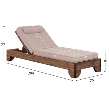 BEACH LOUNGER KORINOS FK10774.72 PINE WOOD IN WALNUT--OLEFIN CUSHION IN BEIGE 79x204x77Hcm.