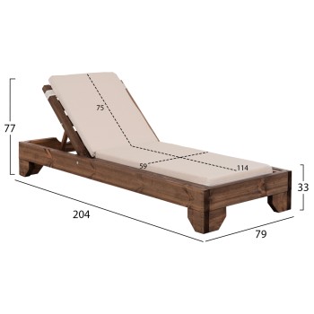 BEACH LOUNGER KORINOS FK10771.60T PINE WOOD IN WALNUT--CUSHION IN BEIGE 79x204x77Hcm.