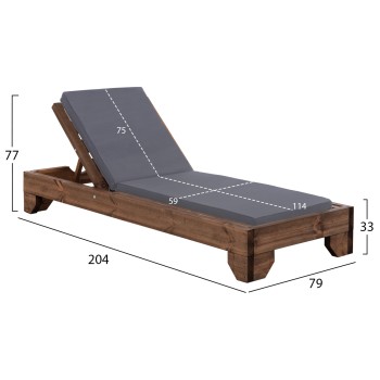 BEACH LOUNGER KORINOS FK10771.30T PINE WOOD IN WALNUT--CUSHION IN GREY 79x204x77Hcm.