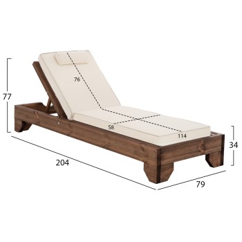 BEACH LOUNGER KORINOS FK10772.60T PINE WOOD IN WALNUT--CUSHION IN CREAM 79x204x77Hcm.