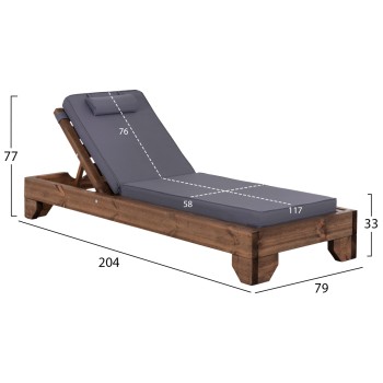 BEACH LOUNGER KORINOS FK10772.30T PINE WOOD IN WALNUT--CUSHION IN GREY 79x204x77Hcm.